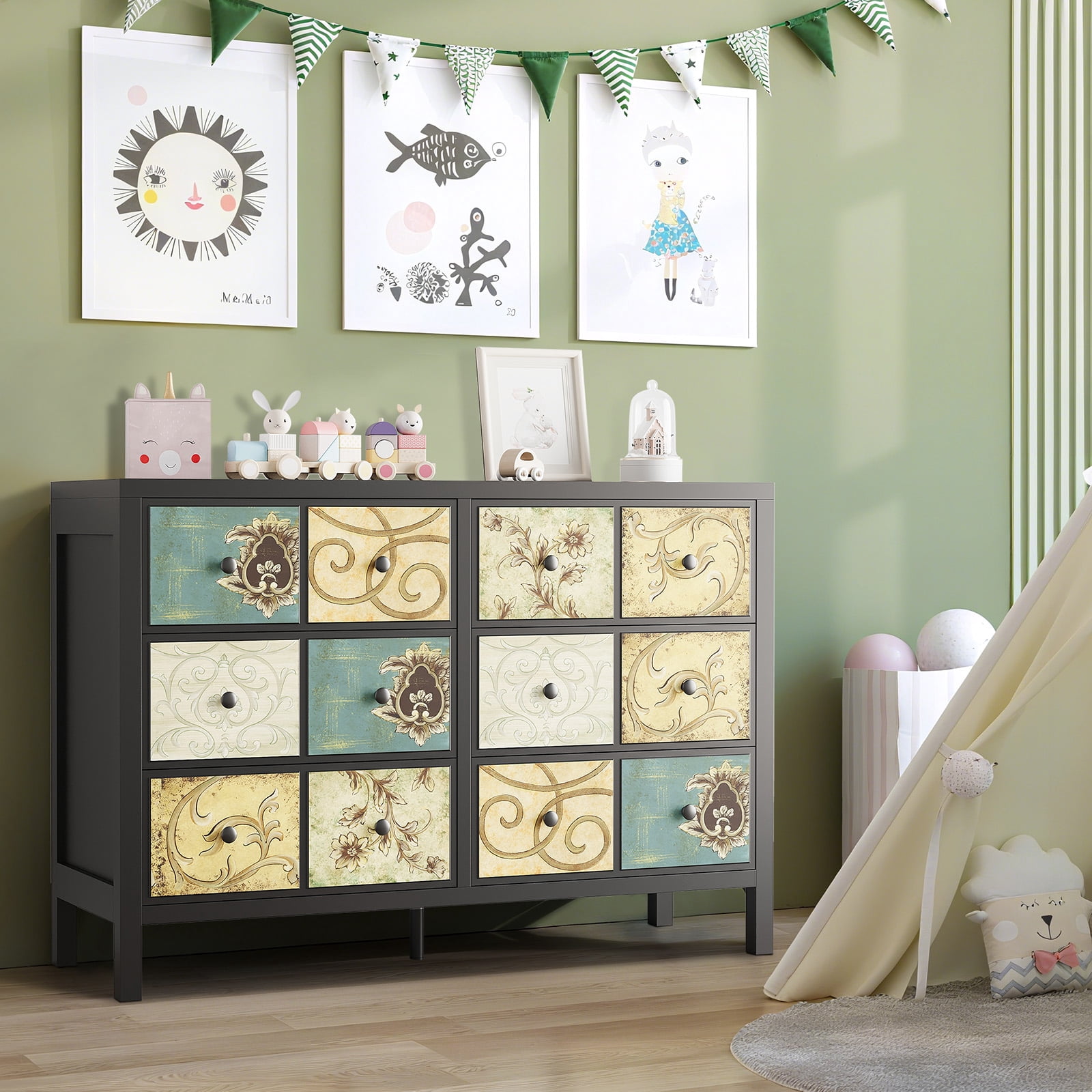 6 Drawers Dresser for Bedroom, Wood Rustic Chest of Drawers with Metal Handle, for Bedroom, Living Room, Floral Painted