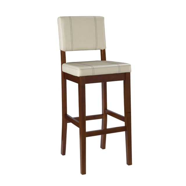 Augusta Cream Bar Stool front-facing, solid hardwood frame with walnut-stained legs, cream faux leather padded seat and mid-height back with vertical double-needle baseball stitching; built-in foot rails for support, suitable for 41"–43" bar heights, shown on neutral background.