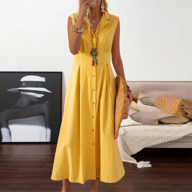 Zanvin Robe d'Été pour Femmes, avec un design Sans Manches, Col Rabattu et devant Boutonné, Fabriquée en Coton et Lin Légers de Couleur Jaune Unie. Cette Robe Décontractée Est Idéale pour les Vacances, le Printemps et les occasions d'Été, Stylée avec des Accessoires Colorés dans un Cadre Intérieur Douillet.