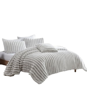 Sieno 4pc King Comforter Set, Gray Faux Fur and Micro Mink Backing