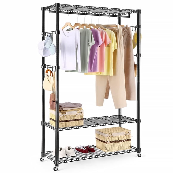 Homdox Étagère Grillagée Robuste à 3 Niveaux Grande Taille pour Vêtements avec Barre de Suspension, Roulettes + 2 Paires de Crochets Latéraux, Noir