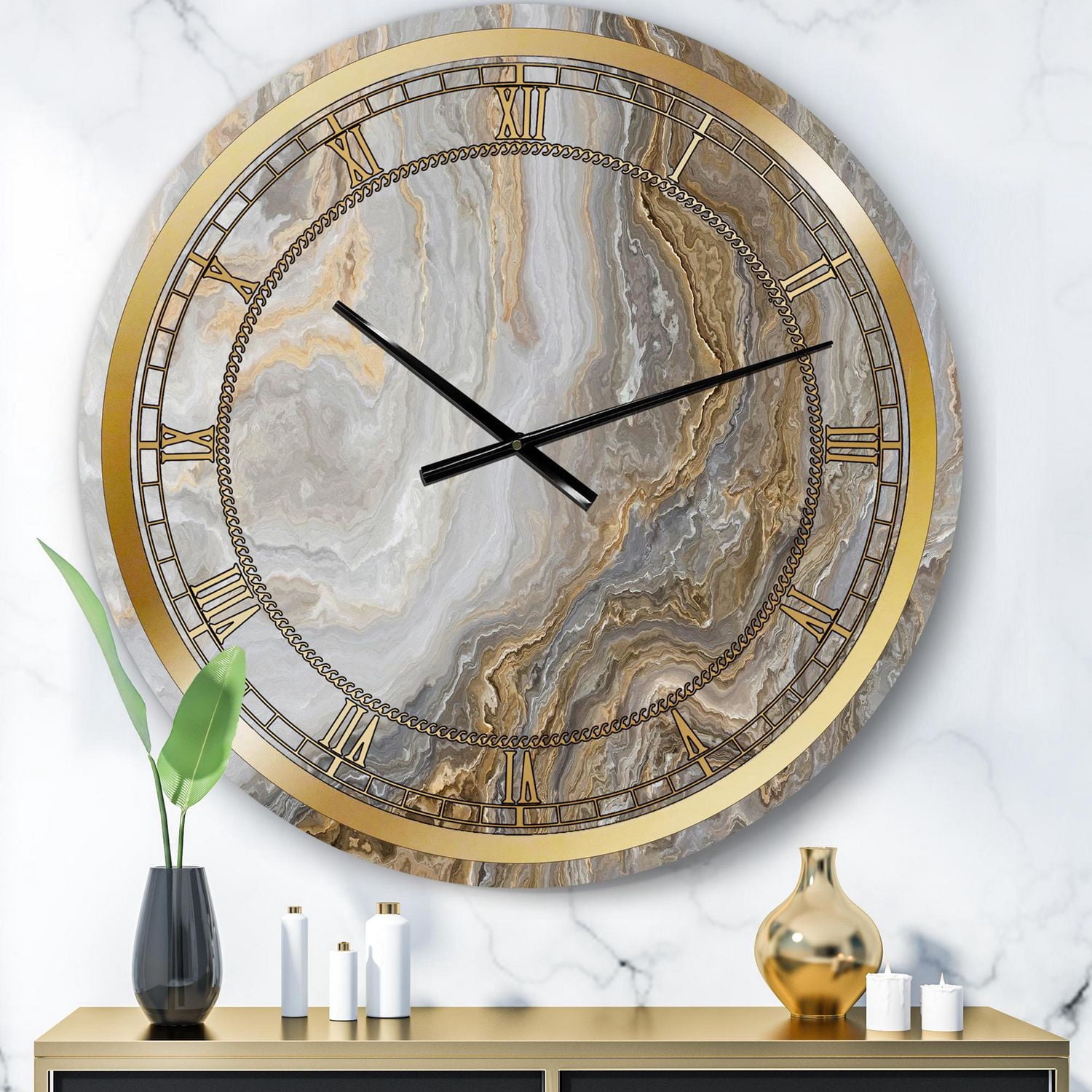 Designart Marbre blanc avec des veines Curley Grey et Gold horloge murale