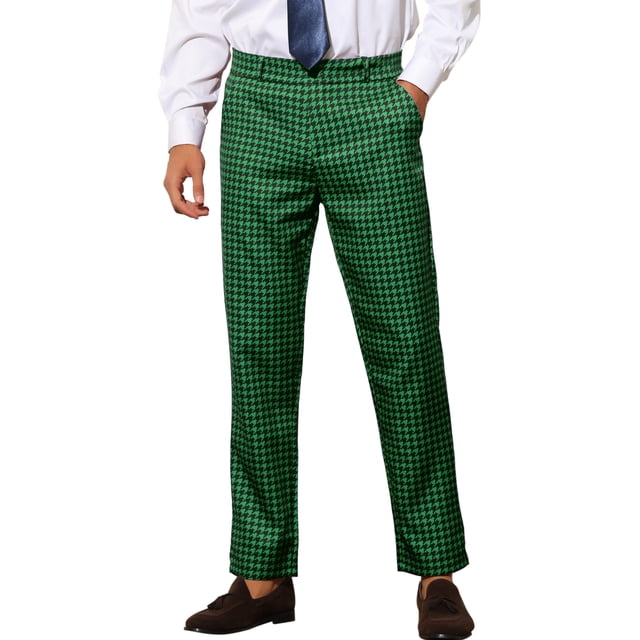 INSPIRE CHIC Men's Pants Houndstooth Checked Slim Fit Zipper Closure Dress Pants 30 Green Black
