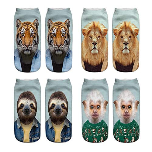 Benefeet Sox Womens Girls Funny Crazy Ankle Socks 3D Print Animal Design Socks Animal Themed Cute Silly Cartoon Socks for Kids Novelty Cool Animal Face Patterned Low Cut Socks, 4 Pairs Animals