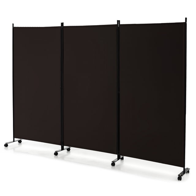 Costway 3-Panel Folding Room Divider 6Ft Rolling Privacy Screen with Lockable Wheels in brown. Made of durable polyester fabric and a sturdy metal frame, it features 360° rolling wheels with brakes for easy movement and stability. Each panel measures 34 inches wide and 71 inches tall, with a total unfolded dimension of 103 inches by 71 inches. Ideal for creating privacy, blocking sunlight, or dividing spaces in living rooms, bedrooms, offices, or backyards.
