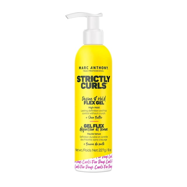 Marc Anthony Strictly Curls Define & Hold Flex Gel in a yellow pump bottle, formulated for medium to coarse curls with high-hold, frizz control, and curl definition using shea butter and natural oils, 227g (8 oz).