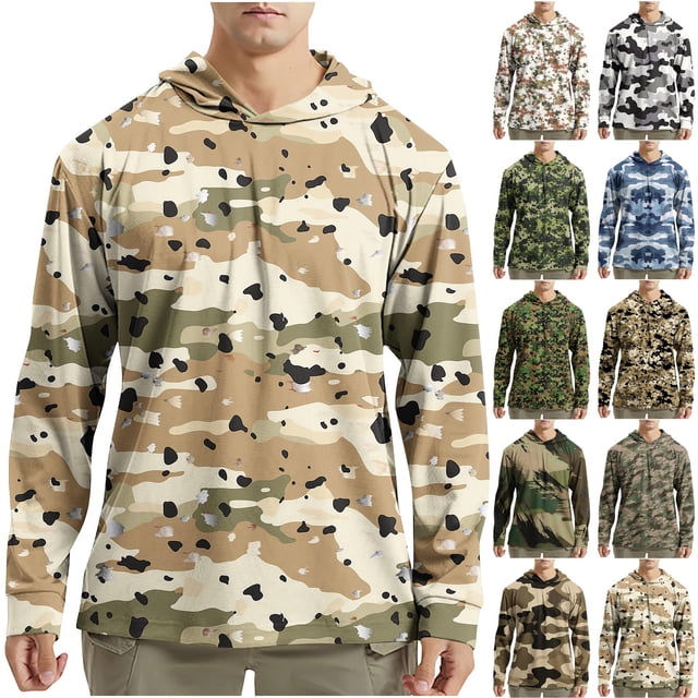 DDAPJ pyju Men's Sun Protection Hoodie Shirts Camo Hooded T-shirt UPF 50+ Long Sleeve Rash Guard Performance Athletic Running Hiking Shirts Limited Time Deals Khaki XXL