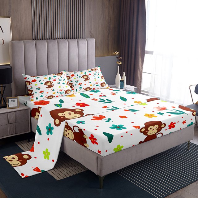 YST Monkey Sheets Full Sheet Set For Girls Kids Cute Flower Animal Sheet Set, Wild Animal Bed Sheets Set Botanical Flower Pattern 3D Bedding Set, 1 Top Sheet 1 Fitted Sheet 2 Pillowcases