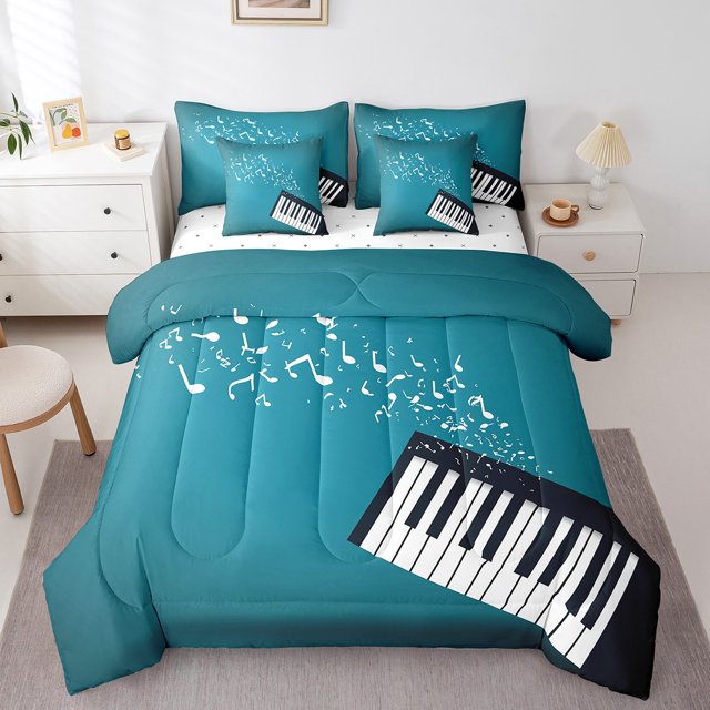 Piano Key 7 Piece Comforter Set Full Bed in a Bag,Musical Notes Bedding Sets Black and White Musical Instruments Sheet Set with Comforter,Fashion Pop Music Bed Set