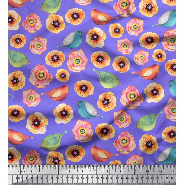 Soimoi Rayon Fabric Bird & Anemone Floral Print Fabric by Yard 42 Inch Wide