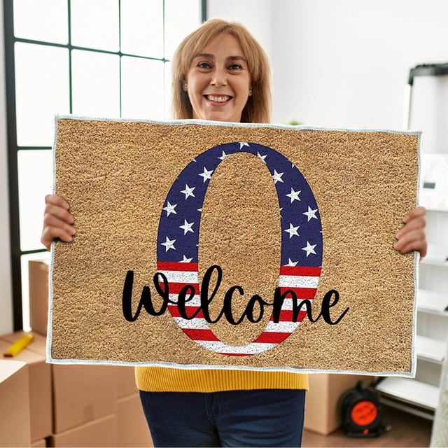 4th of July Door Mat Outdoor,Independence Day Welcome Doormat, 4th of July Coir Doormat with Non Slip Backing ,Patriotic Mat Star Front Porch Rugs For Home Entrance 4th of July Decoration,(15*24")