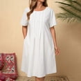 thumbnail image 2 of Amzcrzy Robes pour Femmes Robe en Coton et Lin de Couleur Unie Mode à Manches Courtes Robes d'Été pour Femmes Col Rond Robe d'Été Décontractée Plissée Robes Midi pour Femmes avec Poche, 2 of 9