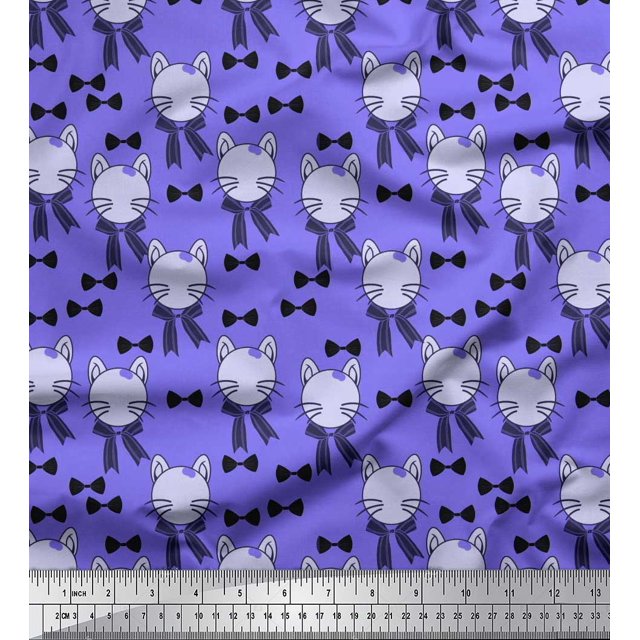 Soimoi Purple polyester Crepe Fabric Bow & Cat Face Kids Printed Fabric 1 Yard 52 Inch Wide