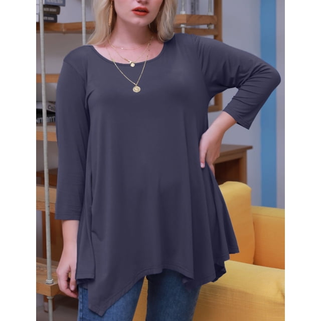 LARACE Tuniques pour Femmes Manches 3/4 Roulées à Imprimé Floral Blouses à Col Rond Chemises à Manches Longues pour Femmes Gris Violacé 1X