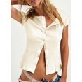 thumbnail image 4 of Women'S Short Sleeve Summer Tops Ribbed Knit Button Down Tight Tees Shirts Going Out Y2K Clothes Apricot XS, 4 of 8
