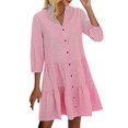 thumbnail image 1 of hotojiny Robes de Printemps pour Femmes Tendance à Carreaux Col en V Ourlet à Volants Robe Décontractée Manches 3/4 Boutonnée Tunique à Étages, 1 of 5
