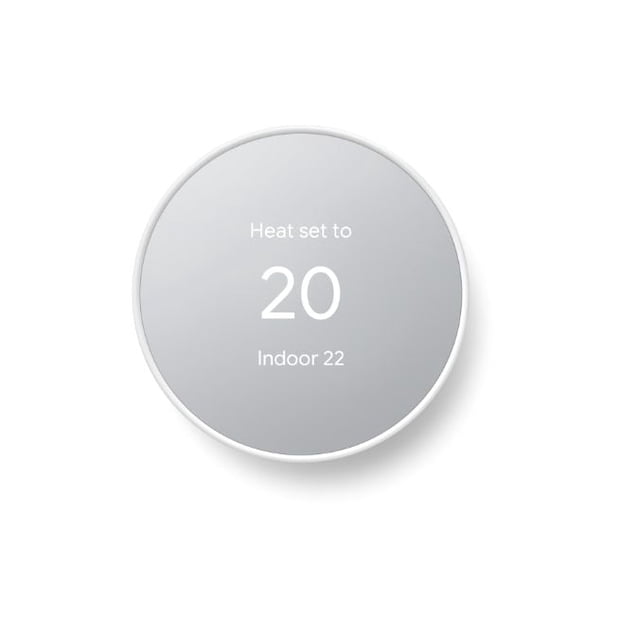Google Nest Thermostat Chalk with a round white matte finish displaying 'Heat set to 20' and 'Indoor 22' on its digital screen, a programmable smart thermostat designed for energy saving and remote home heating control.