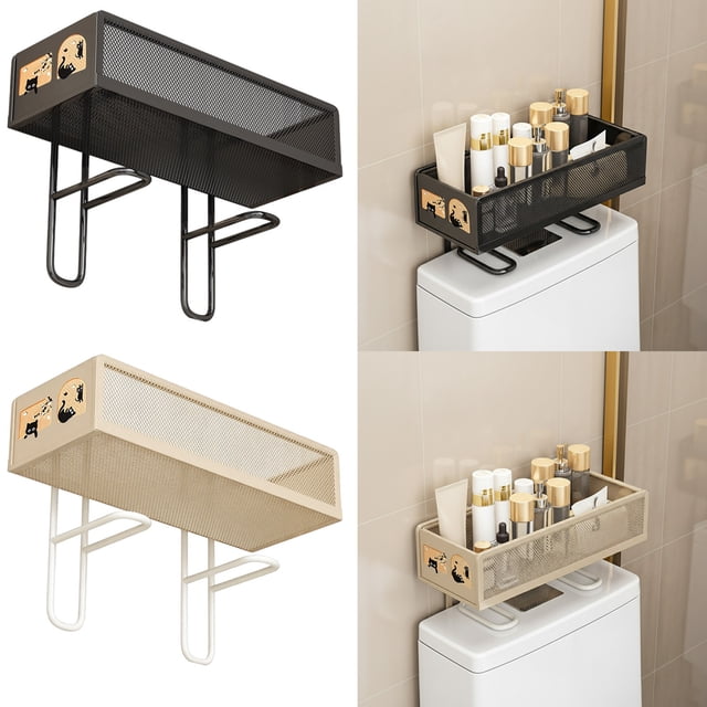 Bowayaoa Wall-Mounted Mesh Toilet Over Tank Shelf Metal Bathroom Storage Rack Dense Mesh Draining Rack for Shampoo Bottles, Black
