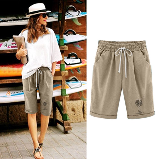 Mefallenssiah Women'S Shorts Cotton and Linen Fashionable Printing Elastic Waist 5-Inch Pants Drawstring 5-Inch Shorts