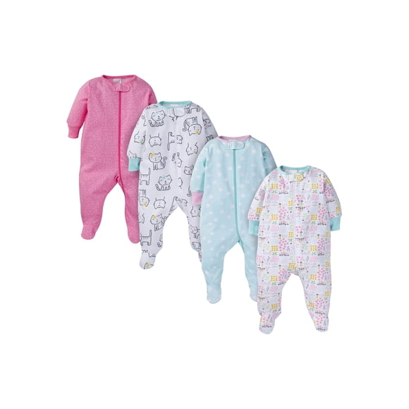 Grenouillères Marque pour Bébés Filles, Lot de 4, Dormeuses à Pieds, Paquet Multiple, Chats, Nouveau-Né