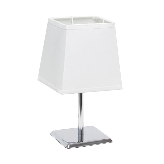 Simple Designs Mini Lampe de Table Chrome avec Abat-Jour en Tissu Carré Empire, Dotée d'Une base Métallique Chrome Compacte et d'Un Abat-Jour en Tissu Empire Carré Blanc, Convient à l'Éclairage du Salon, de la Chambre Ou du Bureau et aux Petits Espaces.