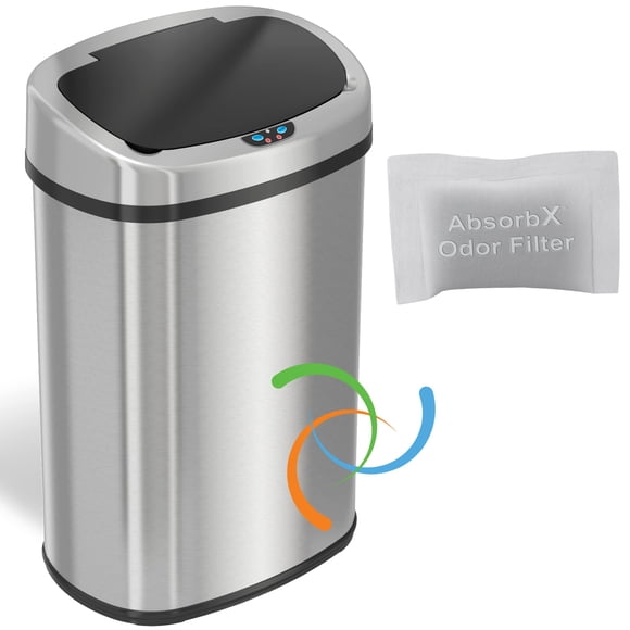 SensorCan 13 Gallon Automatic Touchless Sensor Kitchen Trash Can with Odor Filter Kit, Oval Shape, Stainless Steel Garbage Bin