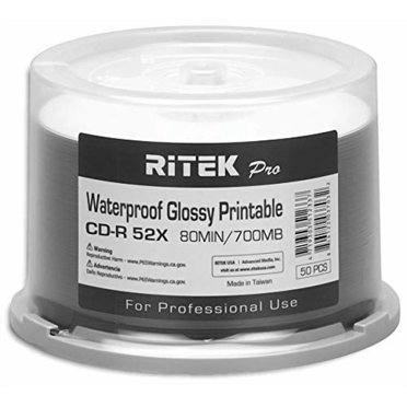 100 Pack Ritek Pro CD-R 52X 700MB 80Min Professional Grade Watershield Water Resistant Glossy White Inkjet Hub Printable Blank Recordable Disc