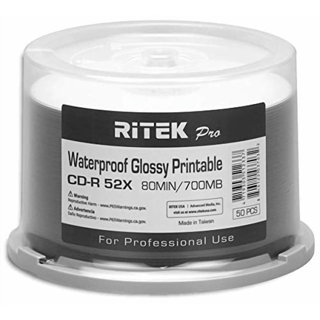 100 Pack Ritek Pro CD-R 52X 700MB 80Min Professional Grade Watershield Water Resistant Glossy White Inkjet Hub Printable Blank Recordable Disc