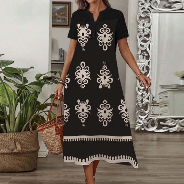 Ovzne Robes pour Femmes Robe d'Été Mode Robe d'Été Décontractée pour Femmes Col en V Manches Courtes Imprimé Boutons Robes de Plage Boho Robe en Dentelle Robes de Vacances Robe à Manches Courtes Imprimée Liquidation