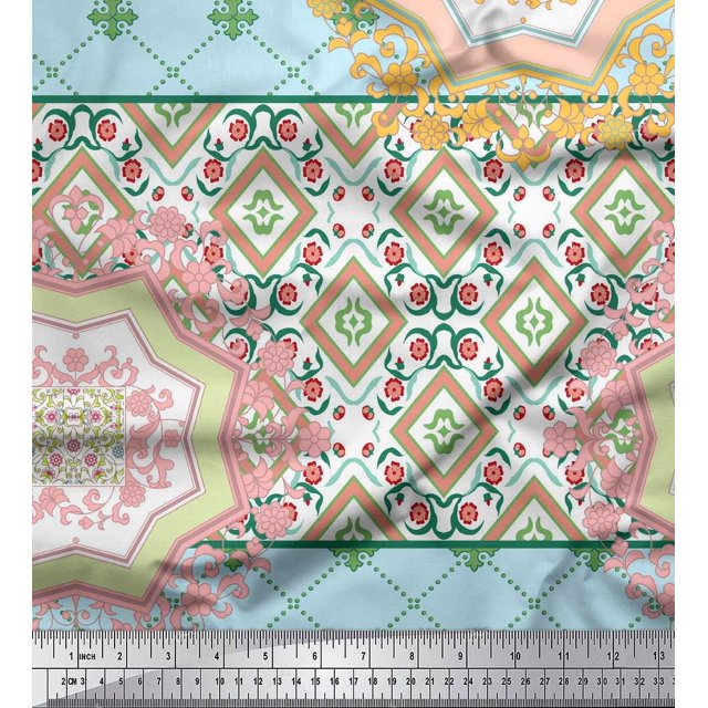Soimoi Moss Georgette Fabric Check & Mandala Patchwork Decor Fabric Printed Yard 42 Inch Wide