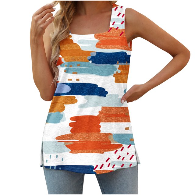 Cameland T-Shirt Ample Confortable Sans Manches à Encolure Carrée Imprimée pour Femmes, Blouse Décontractée, Hauts