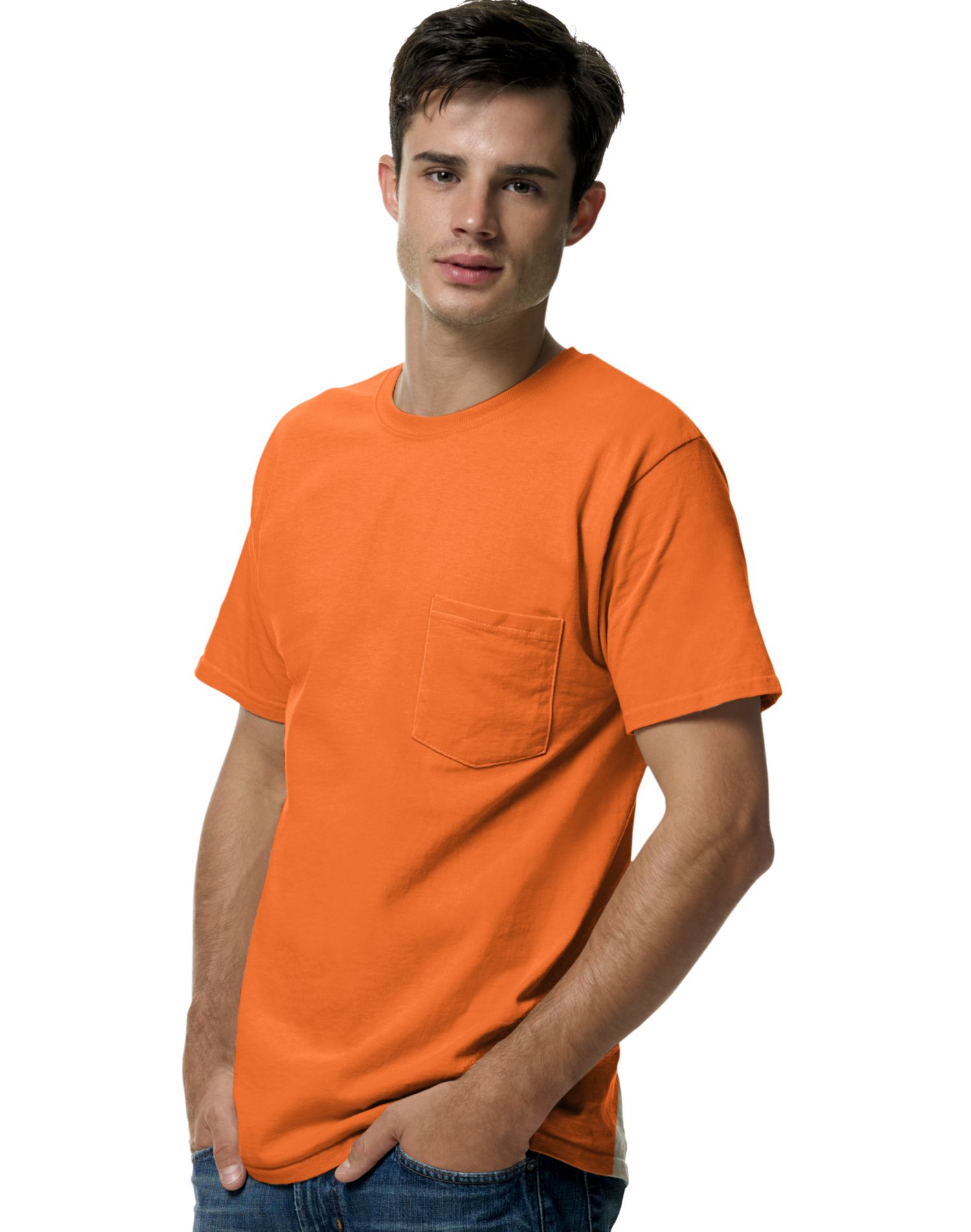 Hanes TAGLESS Men`s Pocket T-Shirt, 3XL, Safety Orange