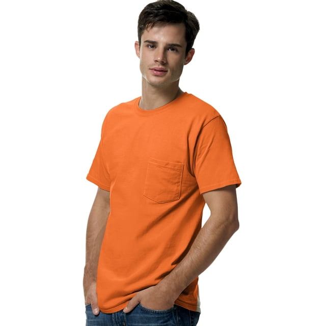 Hanes TAGLESS Men`s Pocket T-Shirt, 2XL, Safety Orange