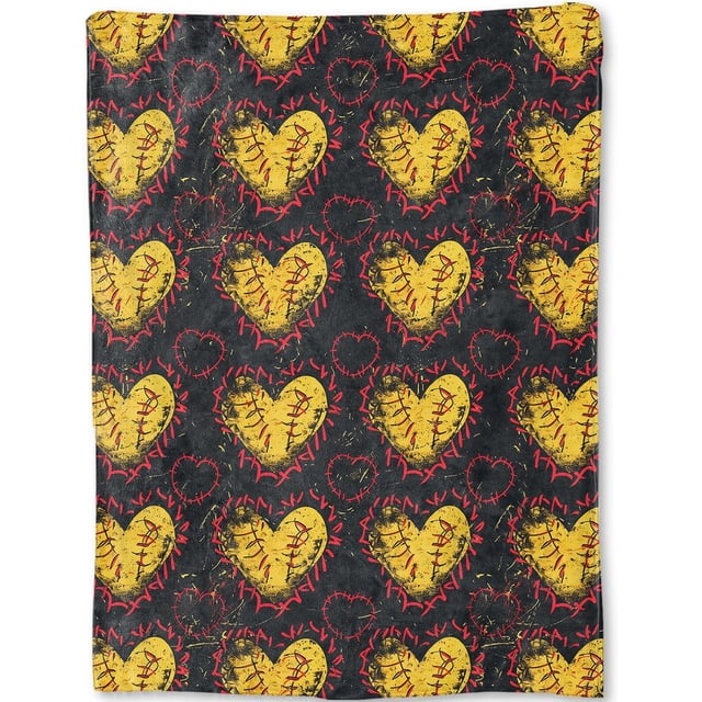 Couverture Cœur de Softball - Cœurs Jaunes avec Coutures Rouges, Jeté en Polaire Sport, Cadeaux pour Femmes Hommes, Doux & Chaud, Léger, pour Décoration Tendance, Amateurs d'Art, et Accents de Maison de Chambre 50x60 Po