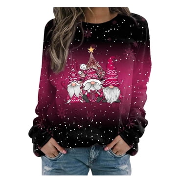 Japceit Chandails de Noël Aguichant pour Femmes Longs Chandails de Noël pour Femmes Chandail à Capuche Imprimé de Noël pour Femmes à Manches Longues à Col Rond Chandail Aguichant de Noël pour Femmes