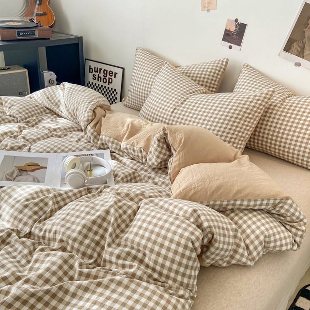 Plaid Printed 100% Polyester Double Sided Bedding Duvet Cover Set 300TC For Home