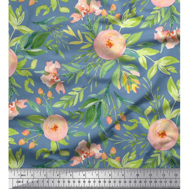 Soimoi Blue Japan Crepe Satin Fabric Leaves & Ranunculus Floral Printed Fabric 1 Yard 42 Inch Wide