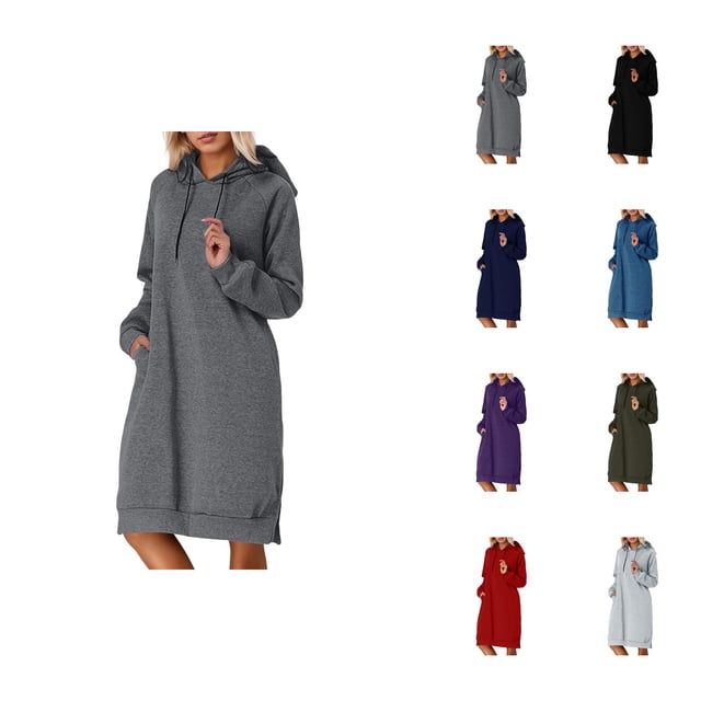 Longs Chandails à Capuchon pour Femmes 2025 Manches Longues Ourlet Fendu Robe à Capuchon Unie avec Poches Chandail à Capuchon pour Femmes