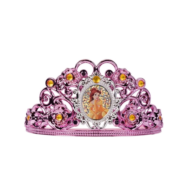 Disney Princess Tiara - Belle with a metallic pink open design featuring rose sculpted accents and faceted yellow gems, centered by a cameo of Belle on a faceted gem with platinum detailing, ideal for Halloween costume accessories and princess dress up play.
