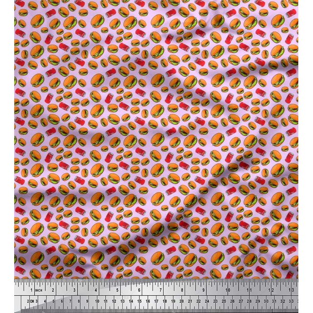 Soimoi Modal Satin Fabric Coke & Burger Food Print Fabric by Yard 42 Inch Wide