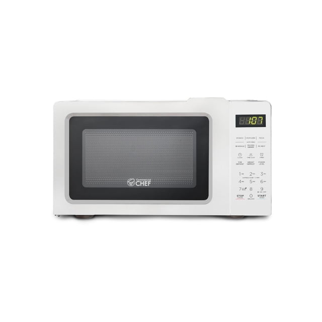 COMMERCIAL CHEF 0.7 Cubic Foot Microwave with 10 Power Levels, white countertop microwave with digital display, pull handle door, numeric keypad including presets for pizza, popcorn, frozen dinners, and reheat, ideal for compact spaces like apartments and dorms.