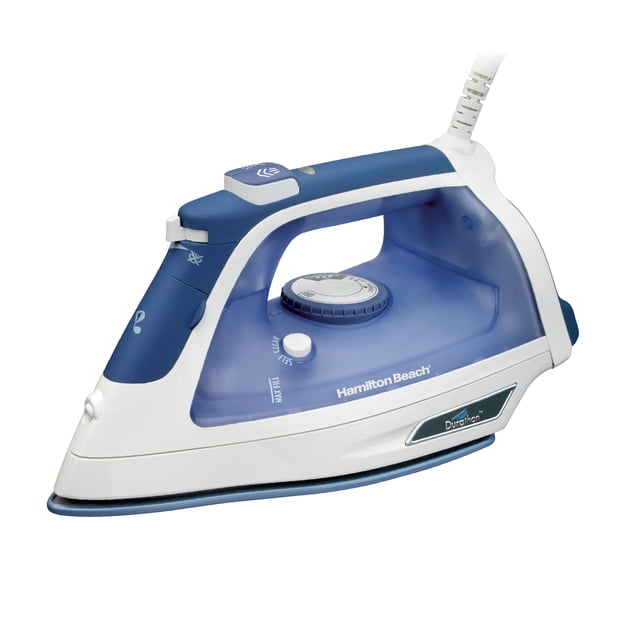Hamilton Beach Durathon Nonstick Soleplate Iron 19800C with a blue and white body, translucent water reservoir, central temperature dial, steam burst button, and extra-long cord, featuring a durable nonstick soleplate for effective wrinkle removal and fabric care.