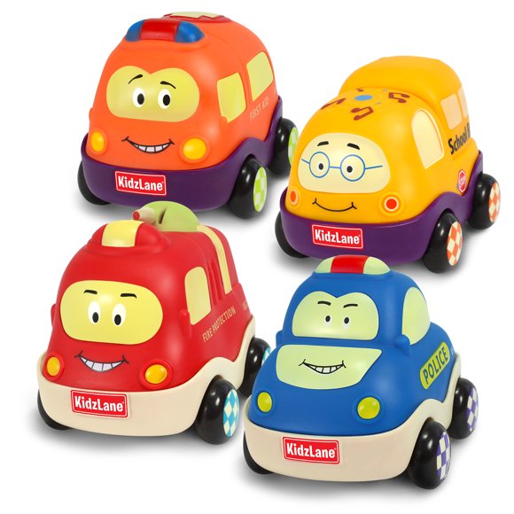 Kidzlane Pull Back Cars - Set of 4 Town Vehicles, Soft & Sturdy Push and Go Toys