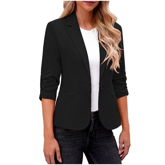Timegard Formal Jackets for Women 3/4 Sleeve Ruched Solid Color Work Business Casual Blazer Suit Jackets