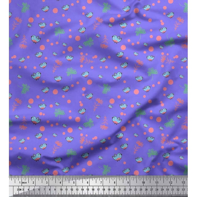 Soimoi Modal Satin Fabric Dot,Leaves & Bird Cartoon Decor Fabric Printed Yard 42 Inch Wide