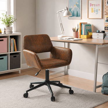 Homy Casa Ergonomic Task Chair, Faux Suede Office Chair with Adjustable Height, Swivel, and Movable Armrests, Brown