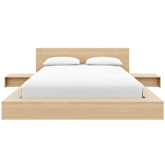 Kanso 4-Piece Queen Size Low Platform Bedroom Set in natural oak finish, featuring a low-profile bed with wide platform edges and two matching floating nightstands, shown front-facing with white bedding and pillows, suitable for modern minimalist bedroom decor.