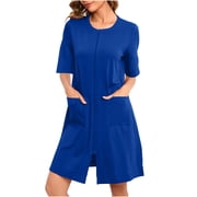 Zipper Front Robes for Women House Coat Half Sleeve Loungewear Kenn Lenght Nightgown with Pockets