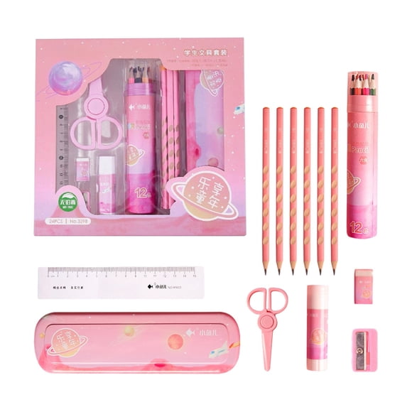 PEONAVET Papeterie pour Étudiants Enfants Amusante : Ensemble de 24 Pcs - Ensemble de Pièces, 4 Crayons, 12 Stylos de Couleur, une Colle, une Gomme, une Règle de 15 cm, une Paire de Ciseaux, un Taille-Crayon