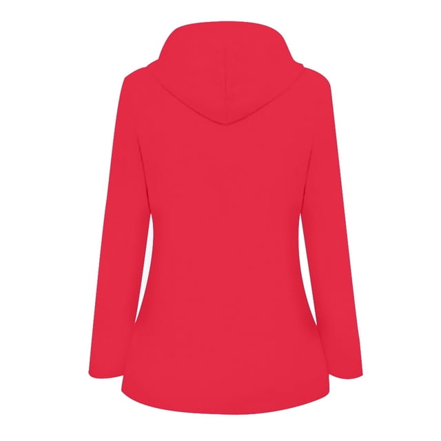 Women Solid Rain Jacket Outdoor Plus Size Waterproof Hooded Raincoat Windproof in a vibrant red color, designed for outdoor activities. Features include long sleeves, a hooded design, and a solid pattern. Made of lightweight polyester fabric, it is waterproof, windproof, and suitable for all seasons. The back view highlights its relaxed fit and extended length for added coverage during rain or wind.